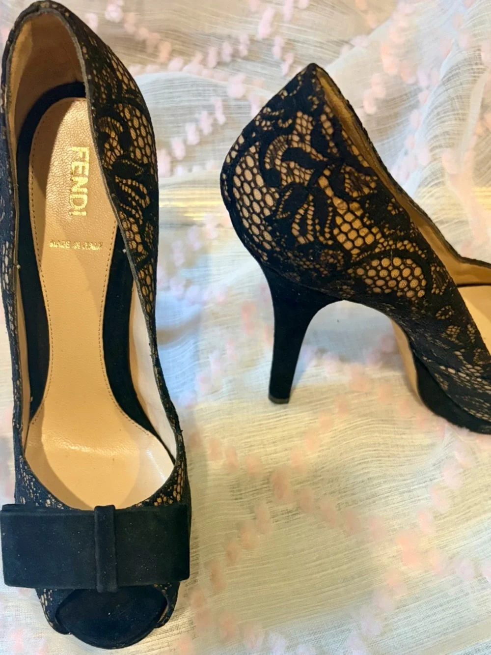 Fendi Black Lace Peep-Toe Pumps with Bow Accent